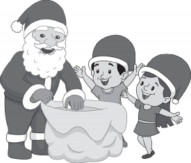 santa giving gifts to happy children gray color clipart