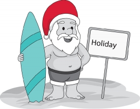 santa with surf board on holiday gray color clipart