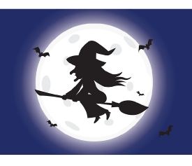 scarry halloween witch flying on broomstick in front of fullmoon