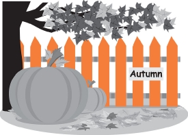 scene with tree pumpkin fance leaves autumn gray color clipart