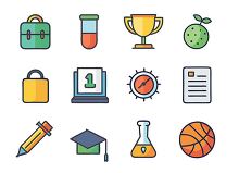 School themed icons including a globe apple and trophy