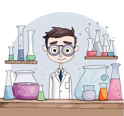 scientist working in a lab surrounded by chemicals