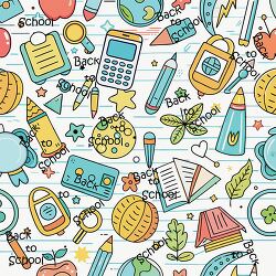 seamless pattern featuring various school supplie on a lined pap