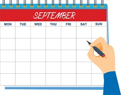 september calendar with hand holding pen clipart