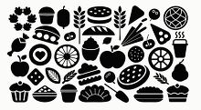 set food icons and food symbols black silhouettes