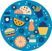 set of colorful food icons in a large blue circle