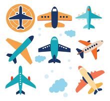 set of various airplane icons in different styles and colors