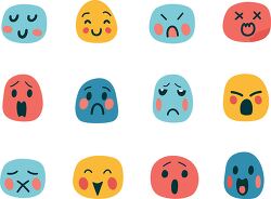 set of various expressive emoji faces in different colors