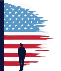 silhouette of a man standing in front of a large flag