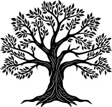 Silhouette of a stylized tree with swirling branches