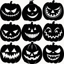 silhouette pumpkins with different spooky faces clipart