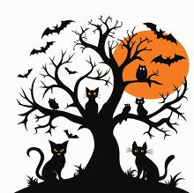 Silhouettes of cats and bats on a spooky tree