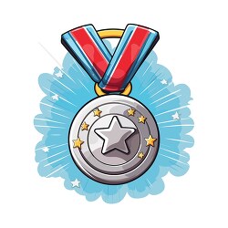 silver award medal with a star on blue red ribbon clip art