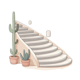 Simple cartoon of a staircase with potted cacti on the side