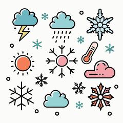 Simple winter elements like thermometers and snow crystals in so