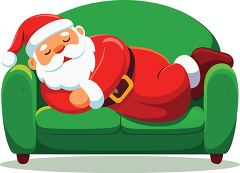 sleepy Santa sleeps on a green couch taking a break from deliver