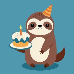 sloth wearing a striped party hat presents a frosted birthday ca