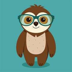 sloth with teal glasses stands upright and smiles