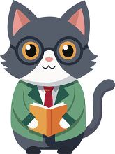 smart looking cat wearing glasses and reading a book