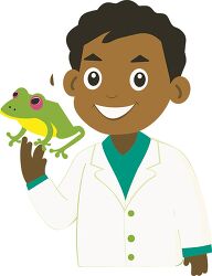 smiling african american boy Scientist holds a large green frog