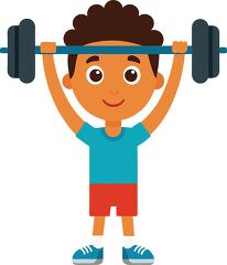 smiling boy holding up a barbell in a playful cartoon style