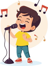smiling boy in casual attire singing with passion