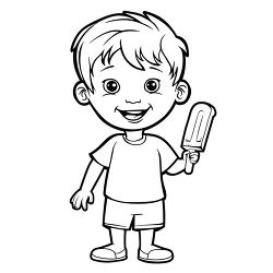 smiling boy with a popsicle black and white coloring page