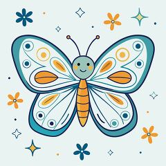 smiling butterfly with orange and teal wings