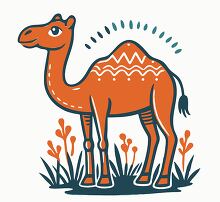 smiling camel with decorative patterns on its back