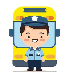 Smiling cartoon character of a bus driver stands in front of a b