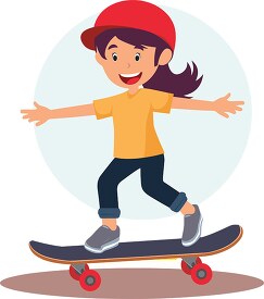 smiling cartoon girl with a red cap and brown hair skateboards
