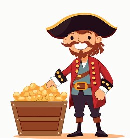 smiling cartoon pirate with a chest of gold coins