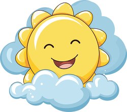 smiling cartoon sun surrounded by blue clouds