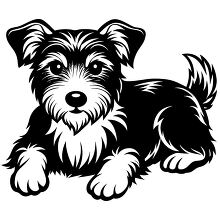 Smiling dog line art with detailed fur and a wagging tail