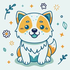 smiling dog sits contentedly surrounded by flowers and stars