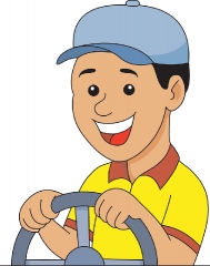 smiling driver in car holding steering wheel