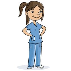 smiling female doctor in blue scrubs