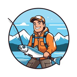 Smiling fisherman with a fish on a lake surrounded by mountain