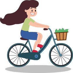 smiling girl rides a blue bike with a large front basket
