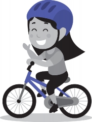 smiling Girl wearing potective helmet Riding Bicycle gray color 
