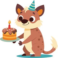 smiling hyena wears a party hat holding a birthday cake