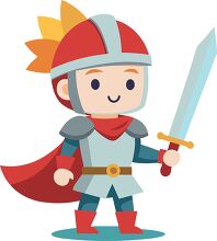 smiling knight in red and blue armor wields a sword cartoon styl