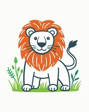 smiling lion with a full mane sits on grass simple