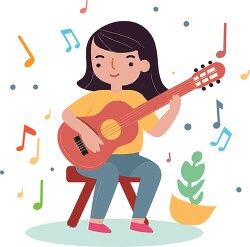 smiling musician with guitar surrounded by musical note