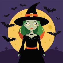 smiling witch with green hair stands in front of a bright yellow