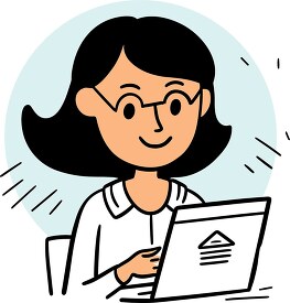 smiling woman working on her laptop line vector clipart