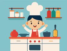 smiling young chef standing in kitchen with cooking pots