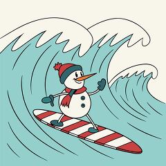 snowman wearing a Christmas hat rides a striped surfboard on a l