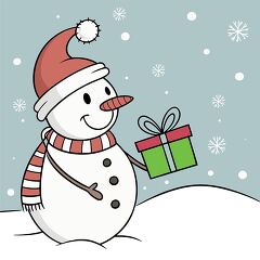 snowman wearing a Santa hat and scarf holds christmas gift