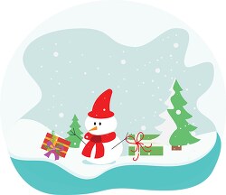 snowman with christmas trees and gifts clipart